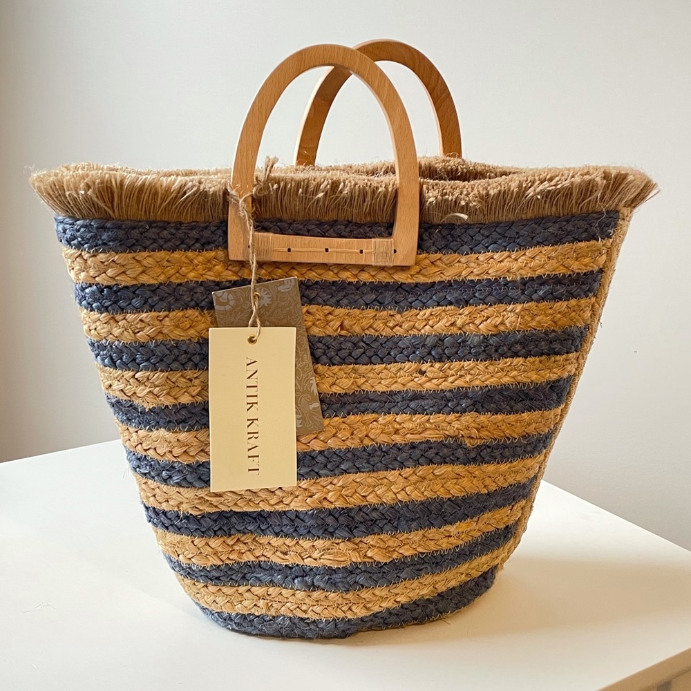 ANTIK KRAFT Hashree Tote bag made with 100% Jute in navy stripe